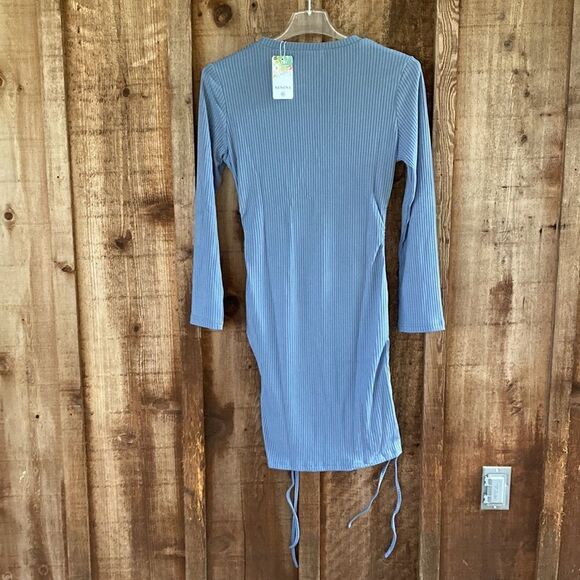 NENONA Ruched Midi Dress Long Sleeve Side Drawstring Ribbed Knit Bodycon Dress - Picture 3 of 11